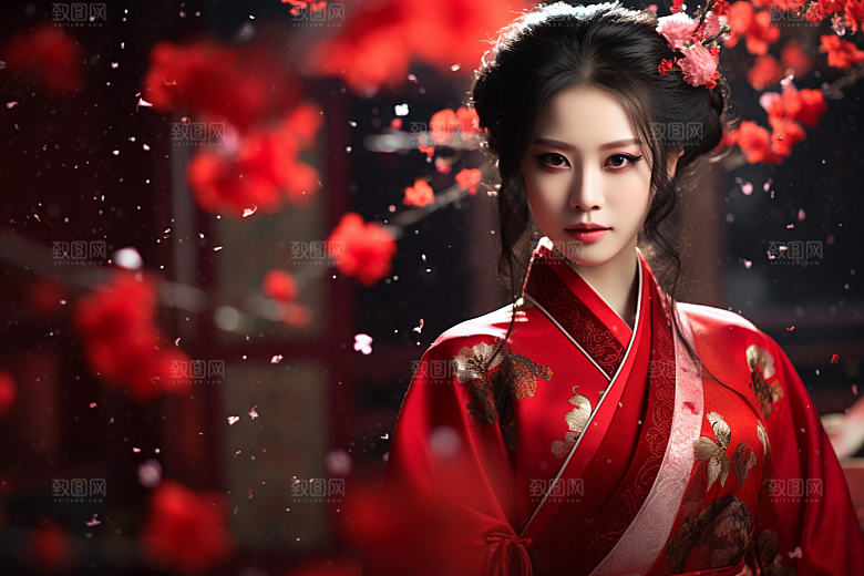 春节汉服女孩中国风红色CG