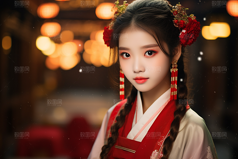 春节汉服女孩红色过年CG
