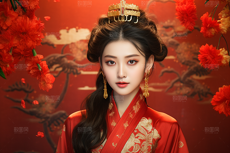 春节汉服女孩高清红色CG