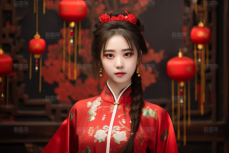 春节汉服女孩新春红色CG