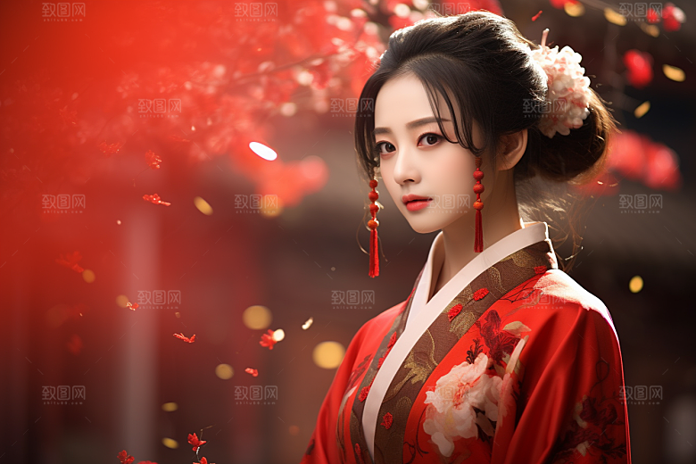 春节汉服女孩新春红色CG