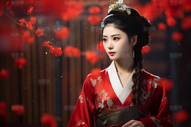 春节汉服女孩红色高清CG