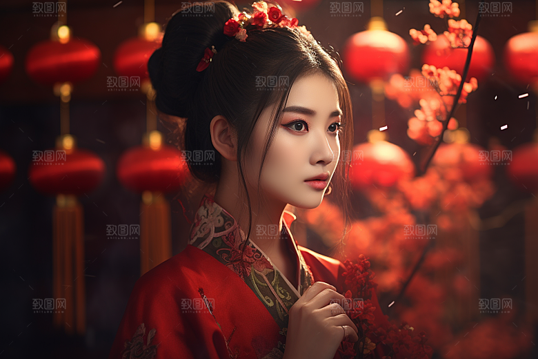 春节汉服女孩红色春日CG