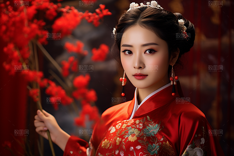 春节汉服女孩红色高清CG