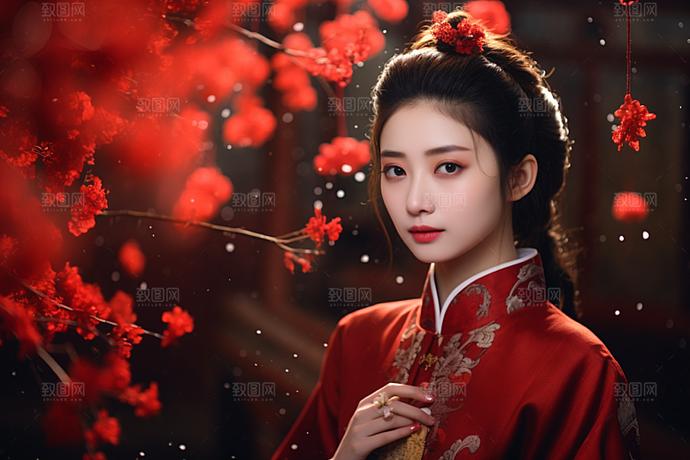 春节汉服女孩红色新春CG