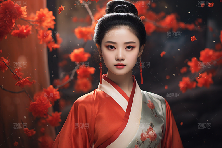 春节汉服女孩红色高清CG