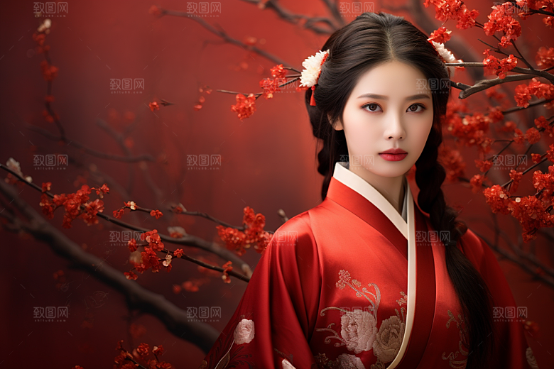 春节汉服女孩高清红色CG