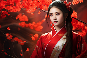 春节汉服女孩红色新春CG