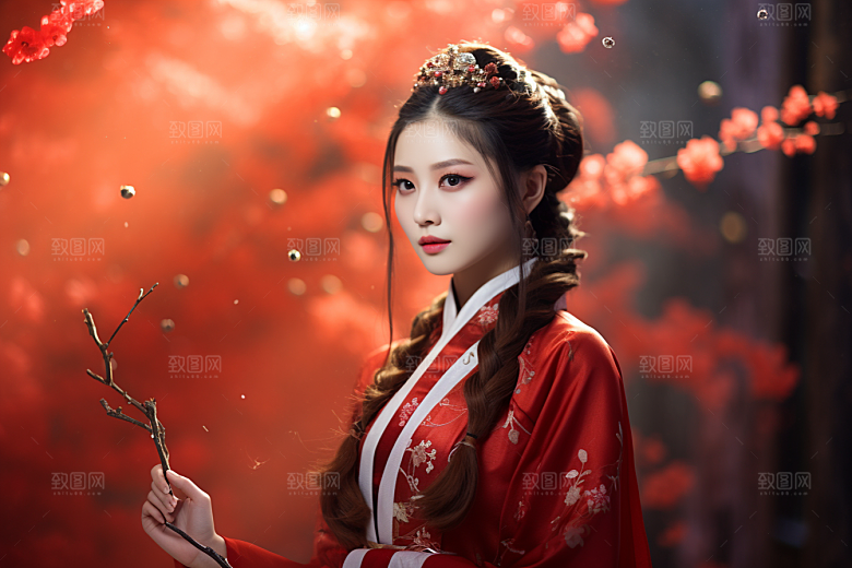 春节汉服女孩红色传统文化CG