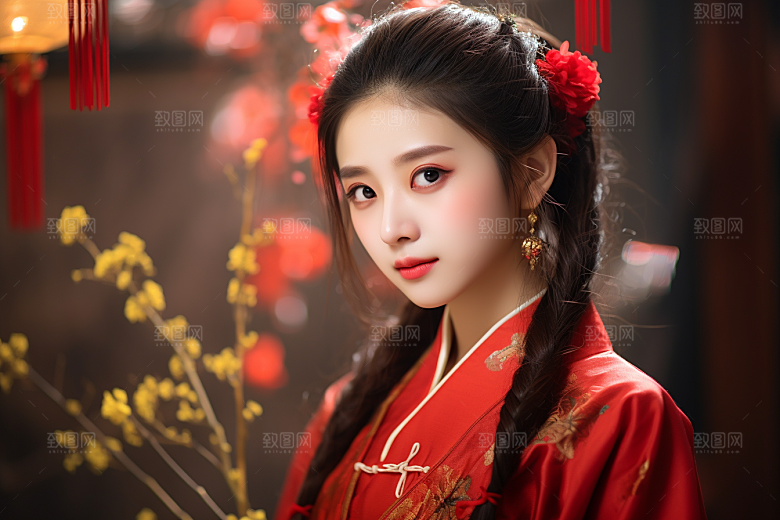 春节汉服女孩红色高清CG