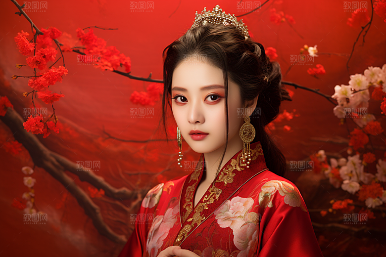 春节汉服女孩红色喜庆CG