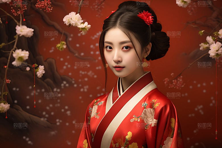 春节汉服女孩春日红色CG