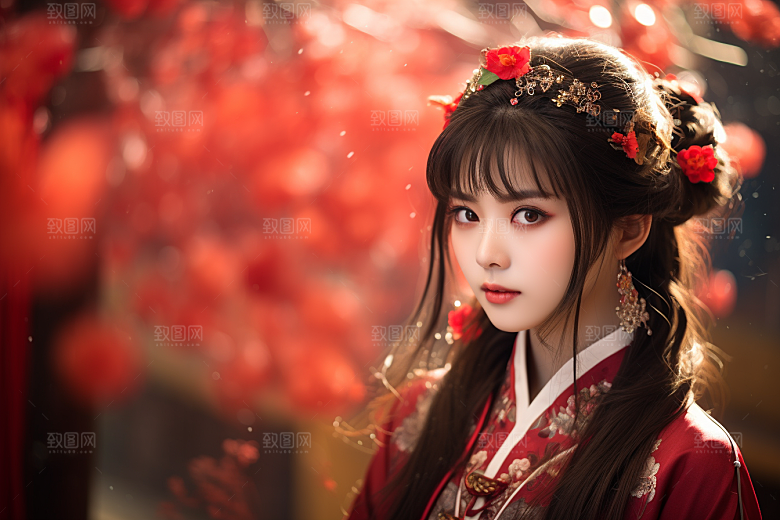 春节汉服女孩喜庆红色CG