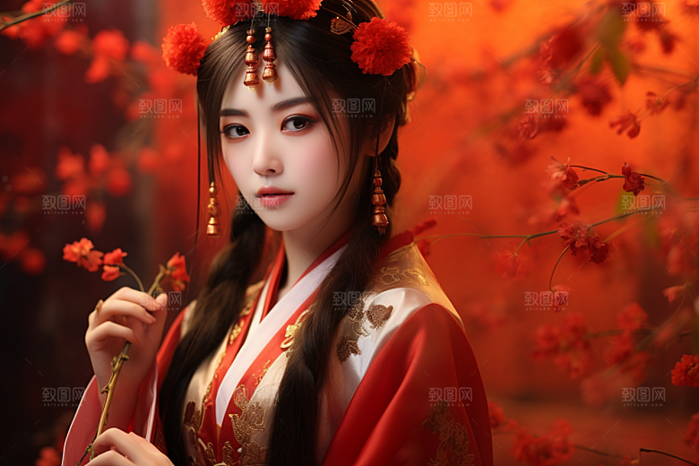 春节汉服女孩中国风红色CG