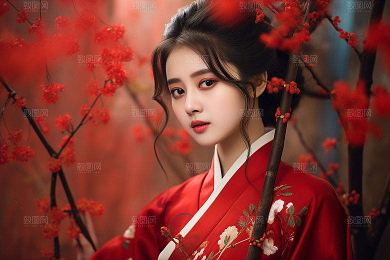 春节汉服女孩红色中国风CG