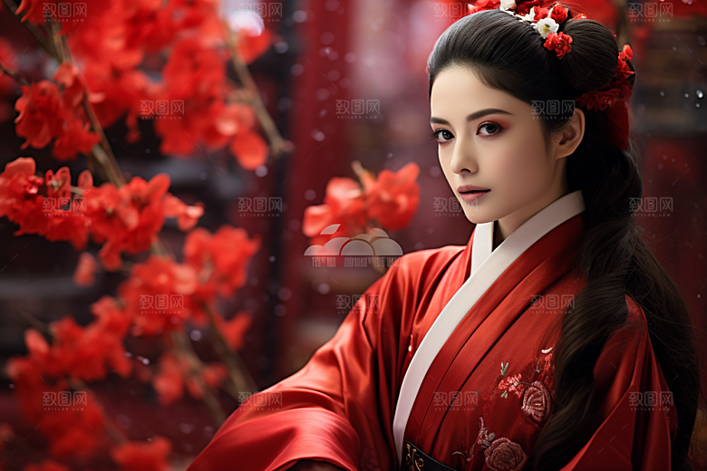 春节汉服女孩新春红色CG