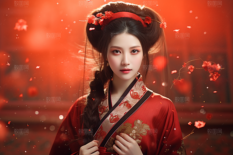 春节汉服女孩红色传统文化CG