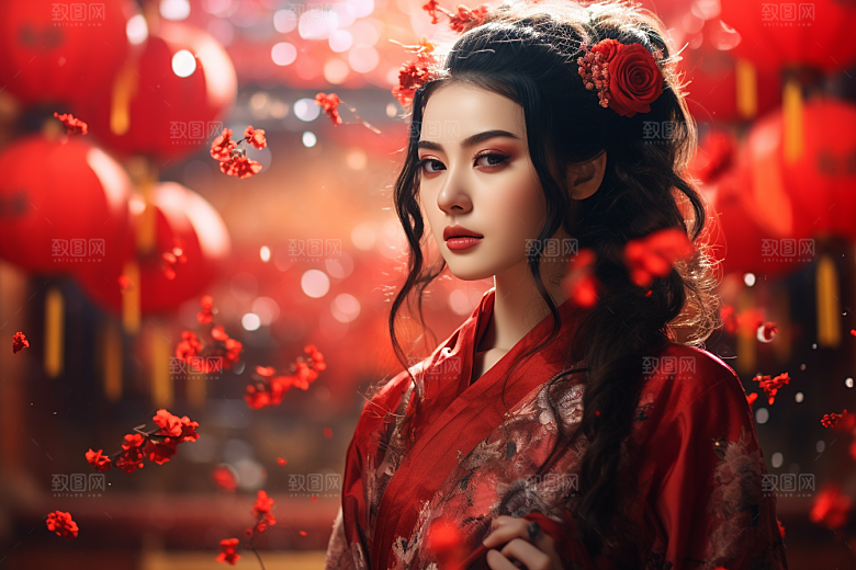 春节汉服女孩春日红色CG