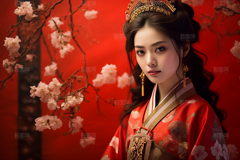春节汉服女孩红色中国风CG
