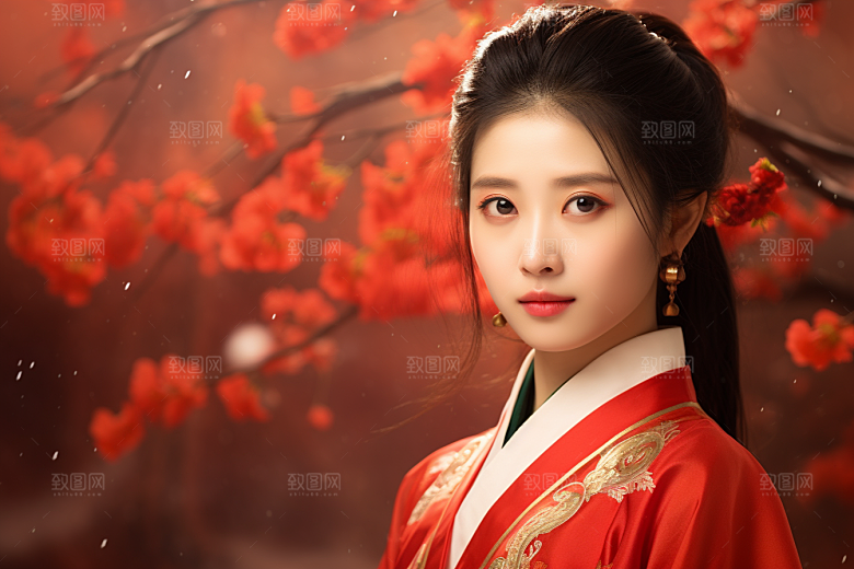 春节汉服女孩红色中国风CG