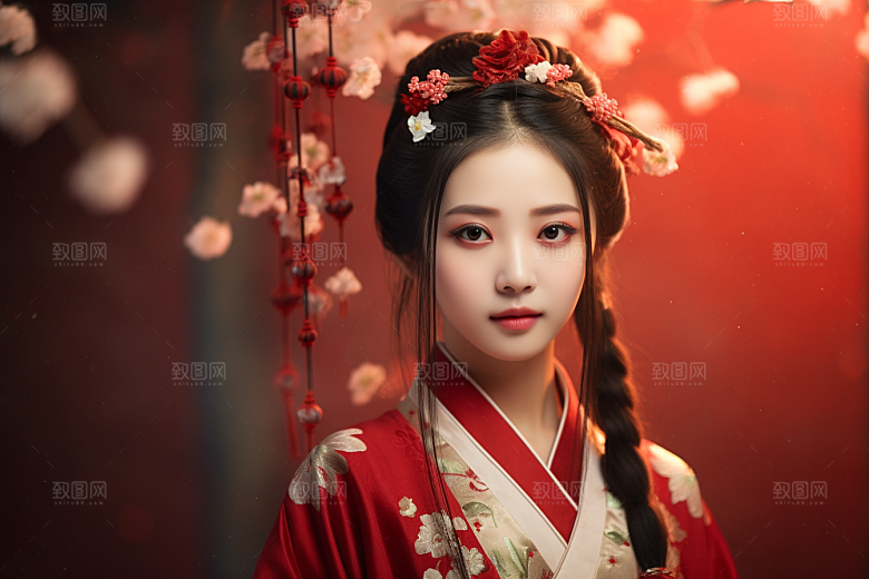 春节汉服女孩红色喜庆CG