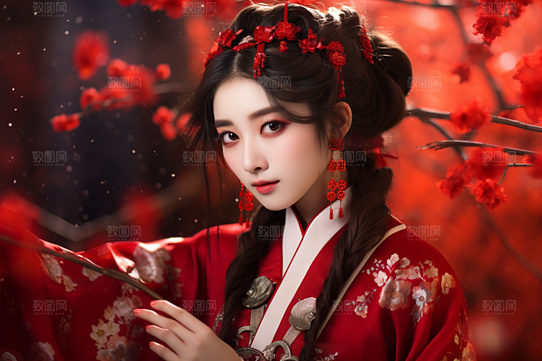 春节汉服女孩高清红色CG