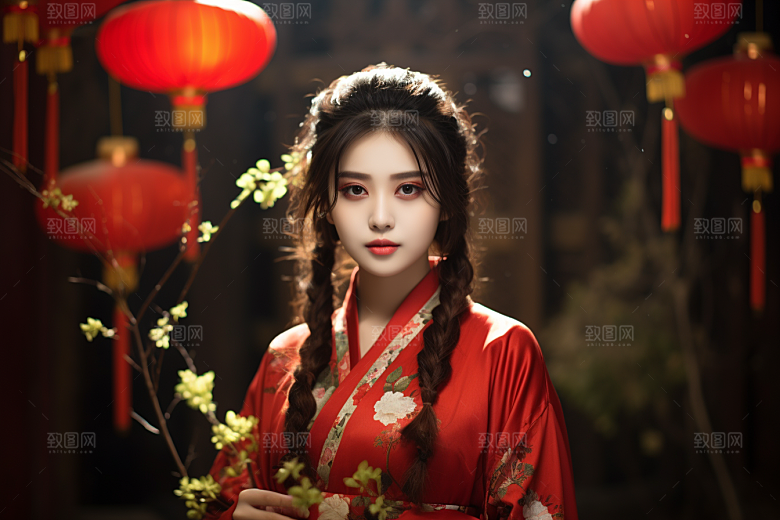 春节汉服女孩红色过年CG