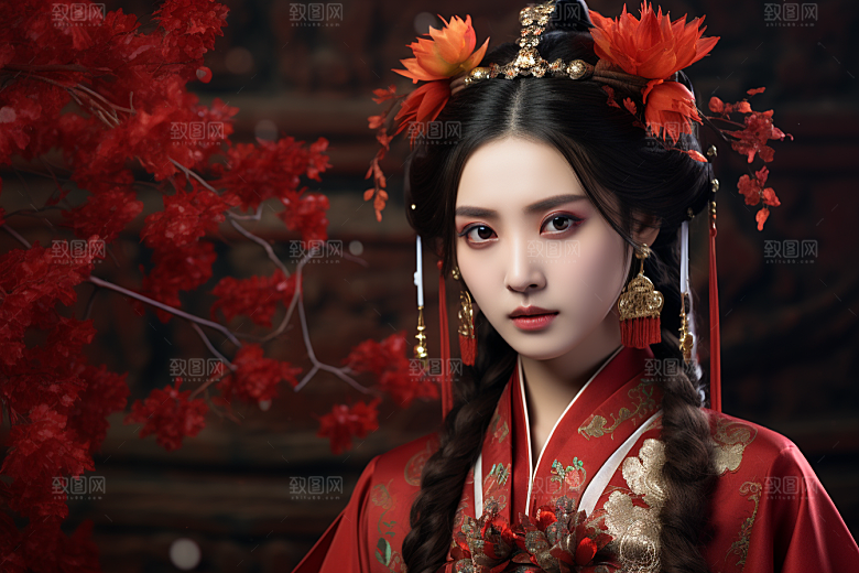 春节汉服女孩传统文化红色CG