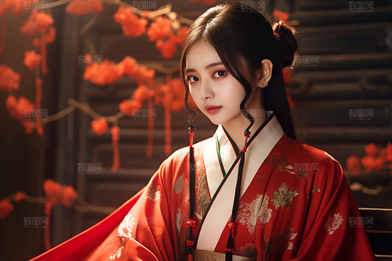 春节汉服女孩红色新春CG