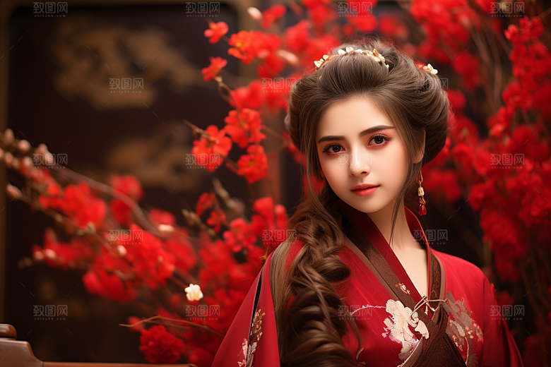 春节汉服女孩传统文化红色CG
