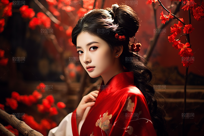 春节汉服女孩红色喜庆CG