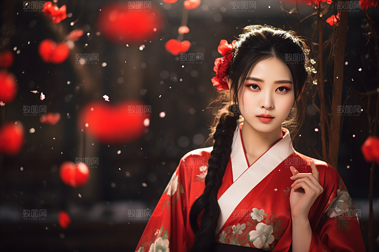 春节汉服女孩红色中国风CG
