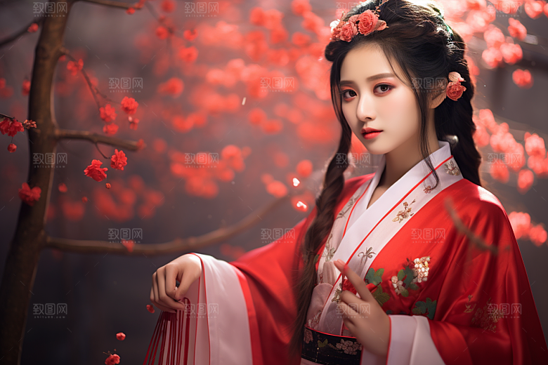 春节汉服女孩中国风红色CG