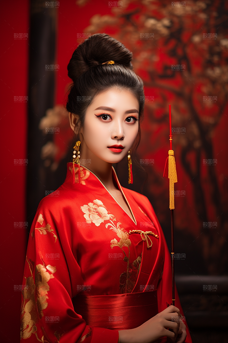 春节汉服女孩红色中国风CG