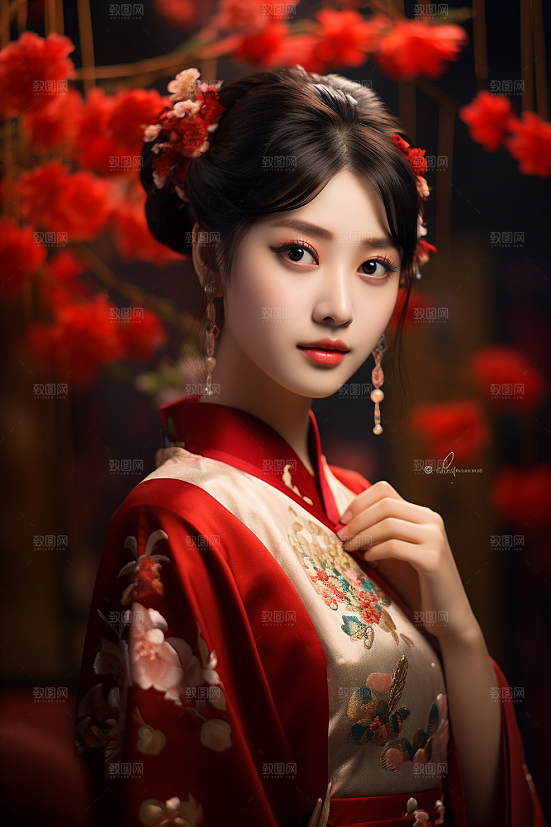 春节汉服女孩红色中国风CG