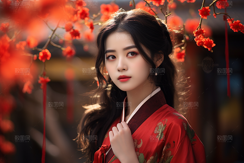 春节汉服女孩红色中国风CG