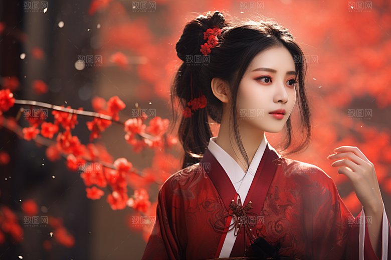 春节汉服女孩新春红色CG
