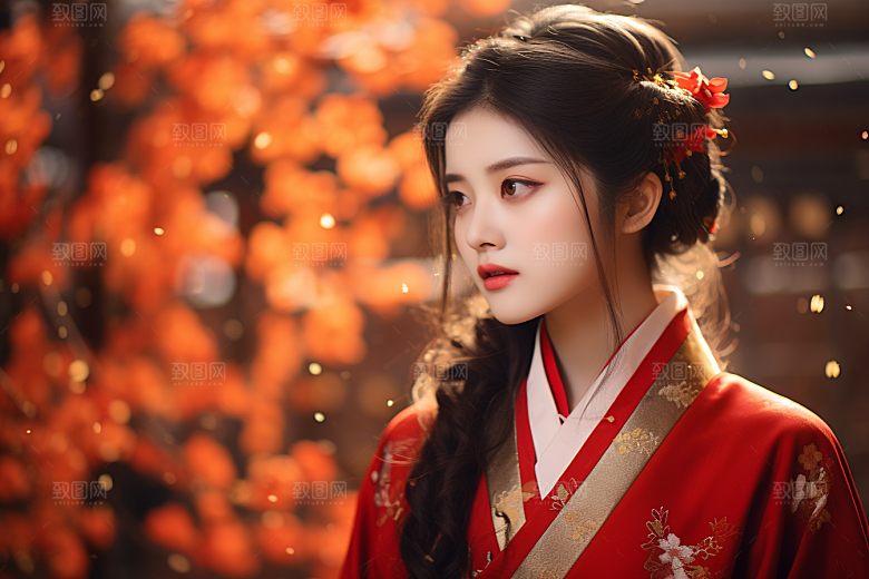 春节汉服女孩过年红色CG
