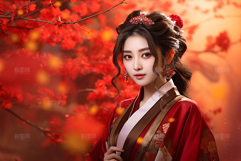 春节汉服女孩红色高清CG
