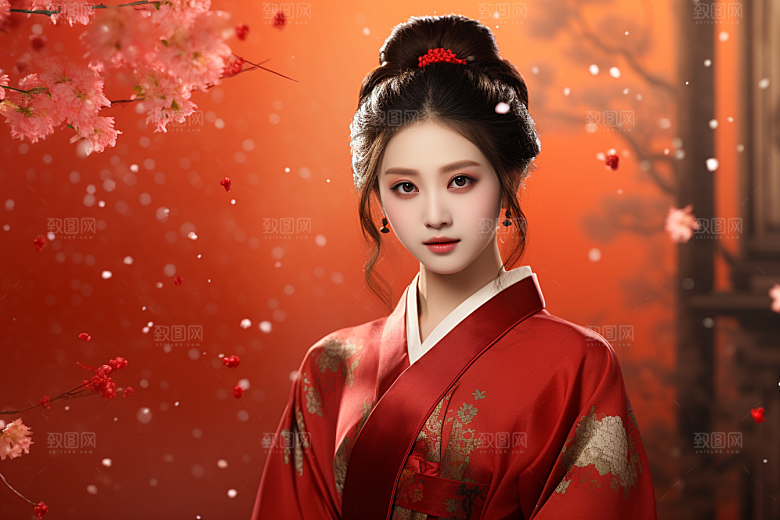 春节汉服女孩红色传统文化CG