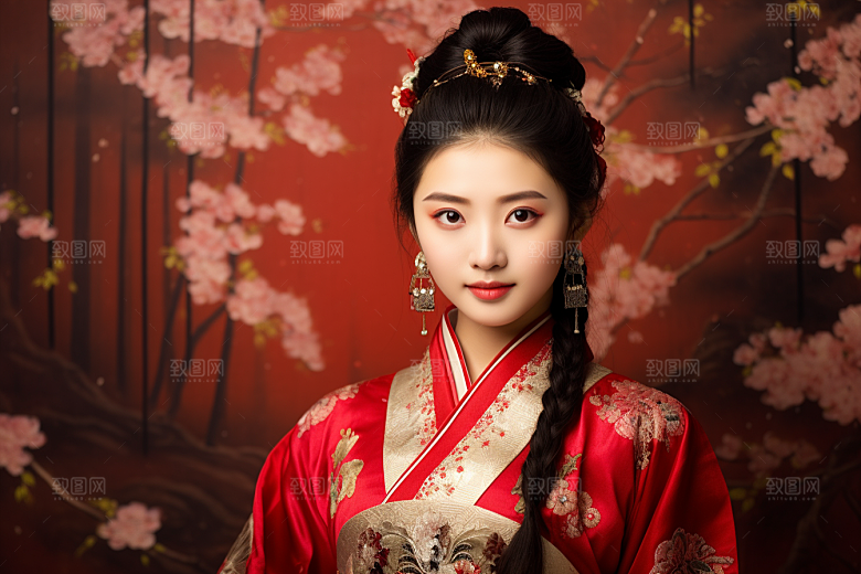 春节汉服女孩红色过年CG
