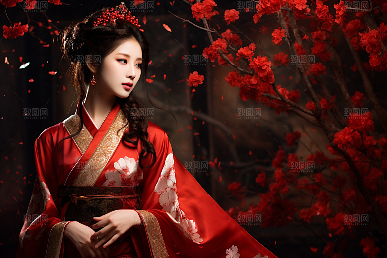 春节汉服女孩过年红色CG