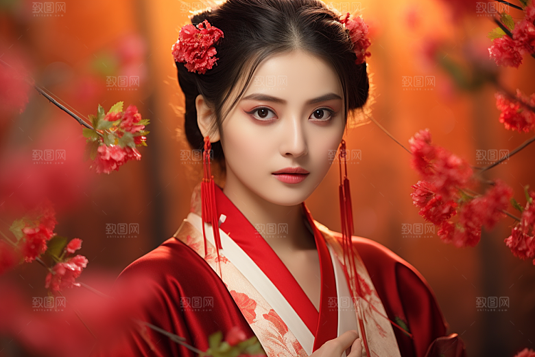 春节汉服女孩高清红色CG