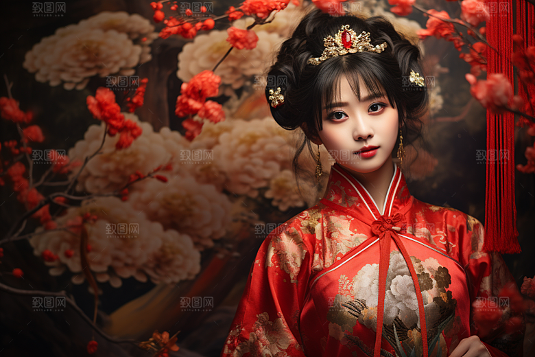 春节汉服女孩春日红色CG