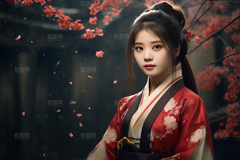 春节汉服女孩中国风红色CG