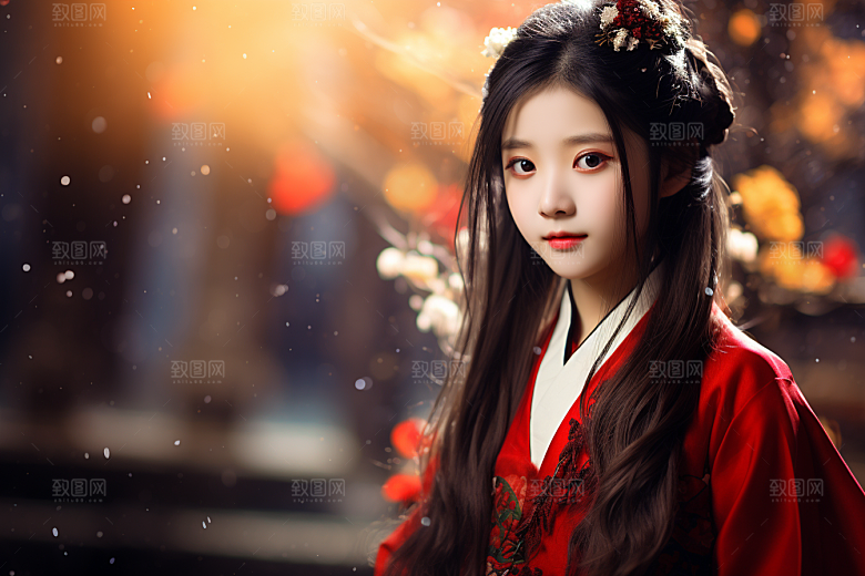 春节汉服女孩红色过年CG