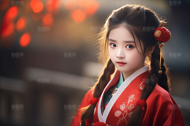 春节汉服女孩红色过年CG