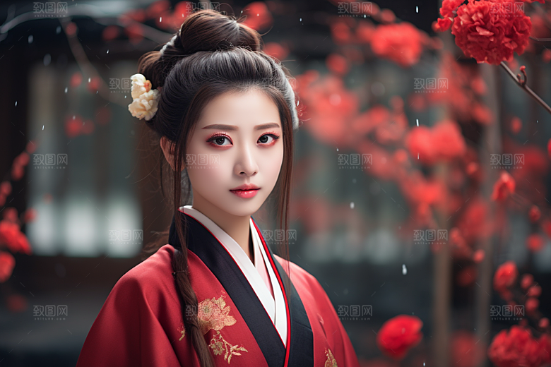 春节汉服女孩红色高清CG