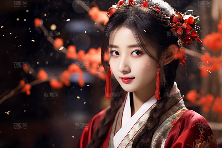春节汉服女孩高清红色CG