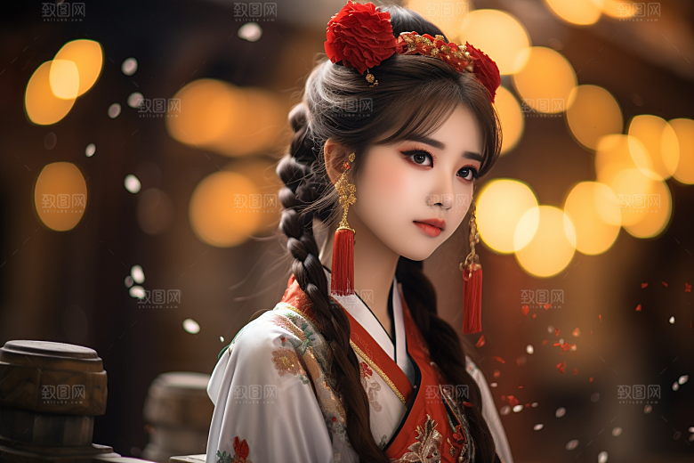 春节汉服女孩红色中国风CG